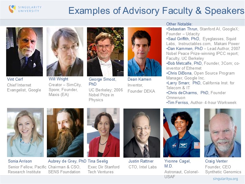 Examples of Advisory Faculty & Speakers Other Notable: Sebastian Thrun, Stanford AI, GoogleX; Founder